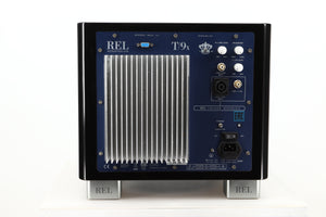 Rear view of a used REL T9X Subwoofer in Piano Black finish 
