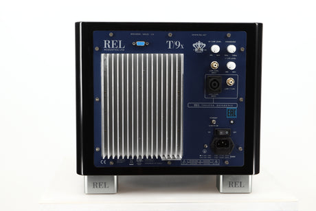 Rear view of a used REL T9X Subwoofer in Piano Black finish 