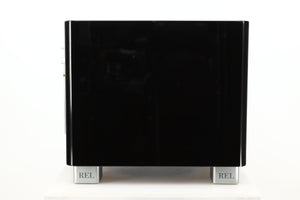 Side view of a used REL T9X Subwoofer in Piano Black finish