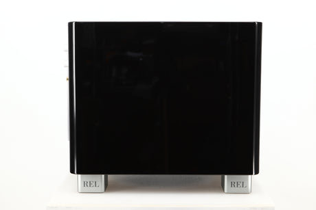 Side view of a used REL T9X Subwoofer in Piano Black finish