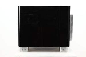 Side view of a used REL T9X Subwoofer in Piano Black finish