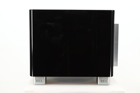 Side view of a used REL T9X Subwoofer in Piano Black finish