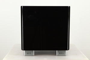 Front view of a used REL T5X Subwoofer in Piano Black finish