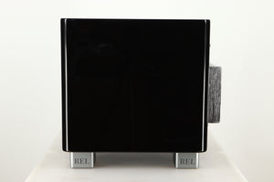 Side view of a used REL T5X Subwoofer in Piano Black finish