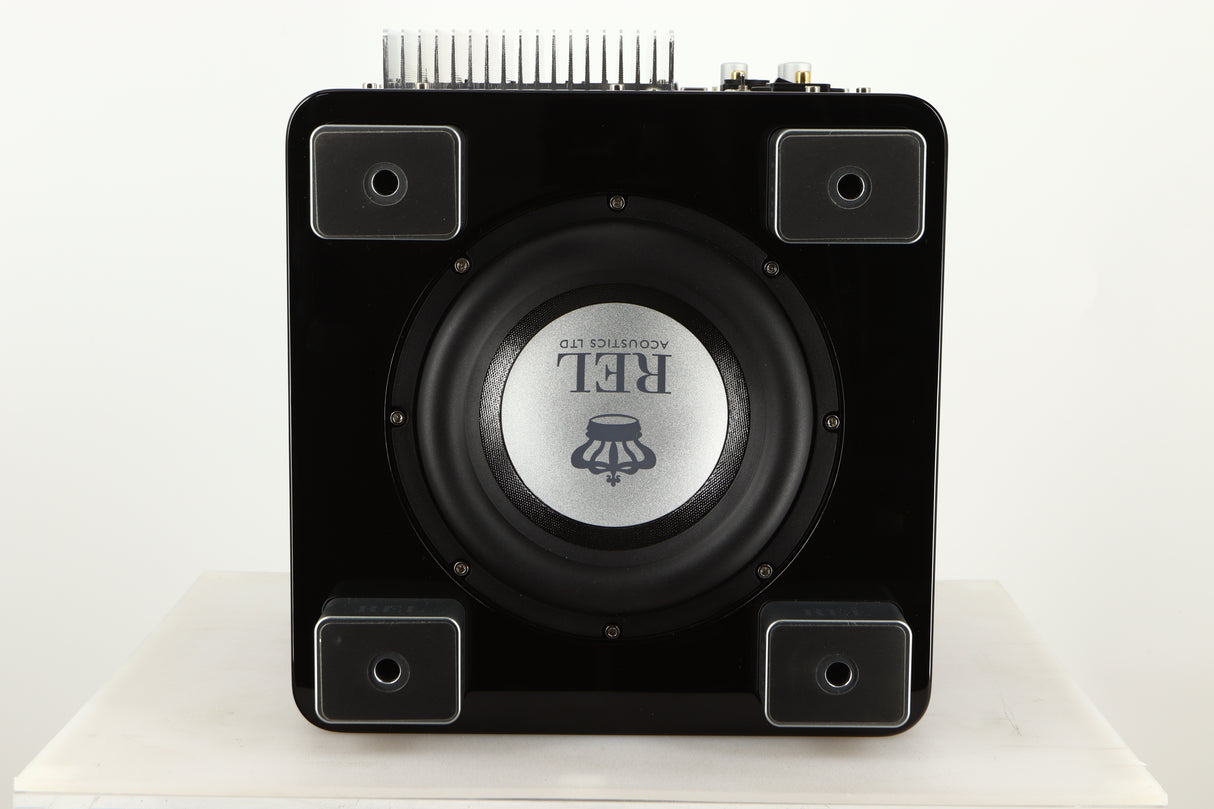 Bottom view of a used REL T5X Subwoofer in Piano Black finish