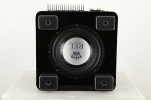 Bottom view of a used REL T5X Subwoofer in Piano Black finish