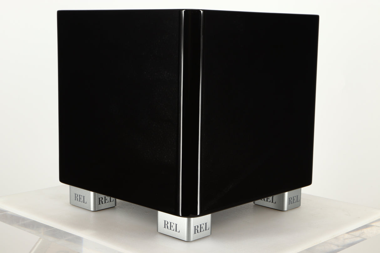 Front right Corner view of a used REL T5X Subwoofer in Piano Black finish