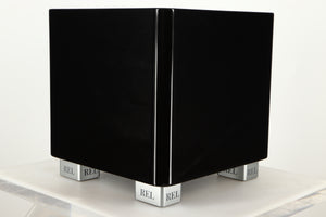 Front right Corner view of a used REL T5X Subwoofer in Piano Black finish