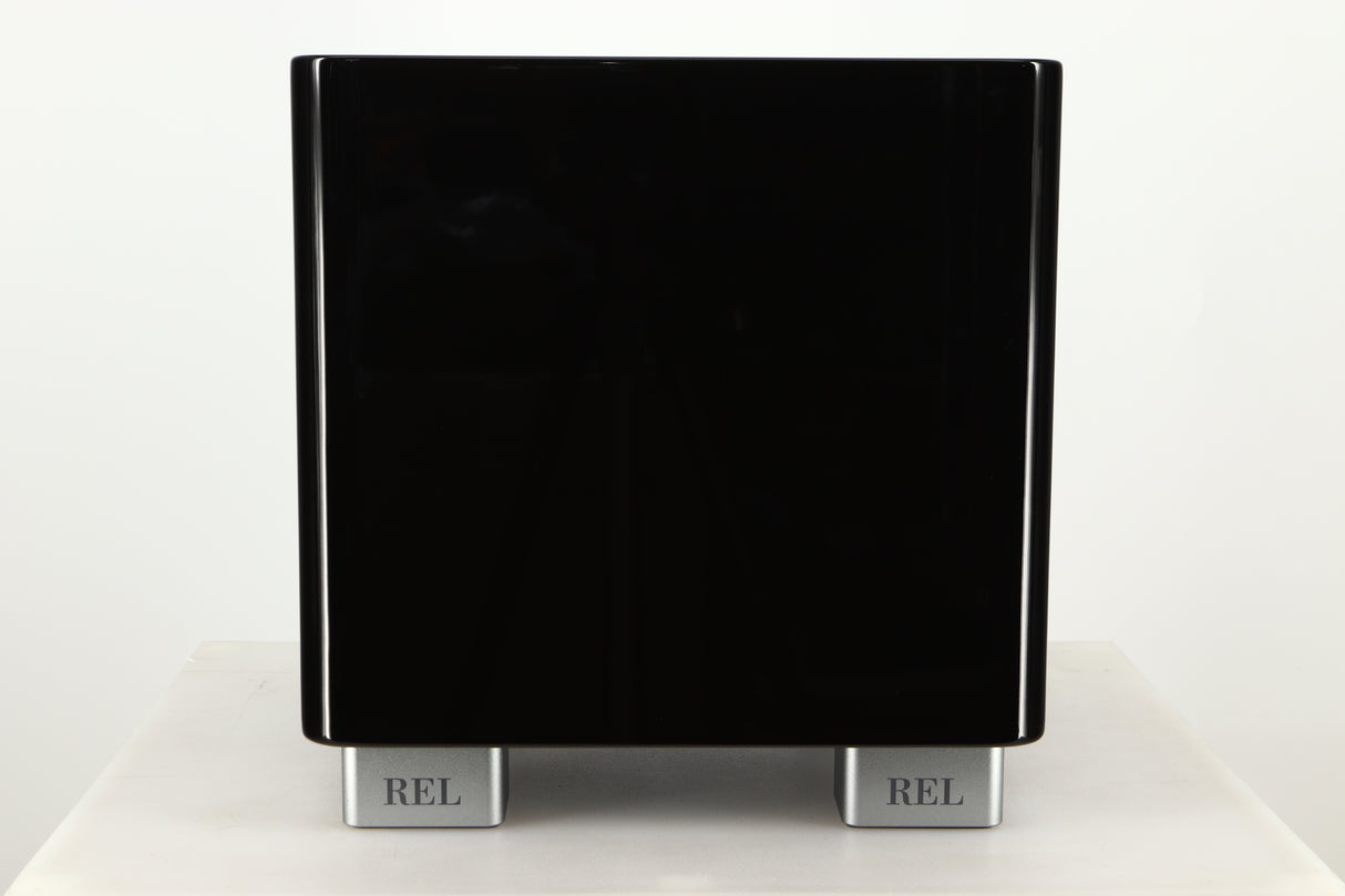 Front view of a used REL T5X Subwoofer in Piano Black finish