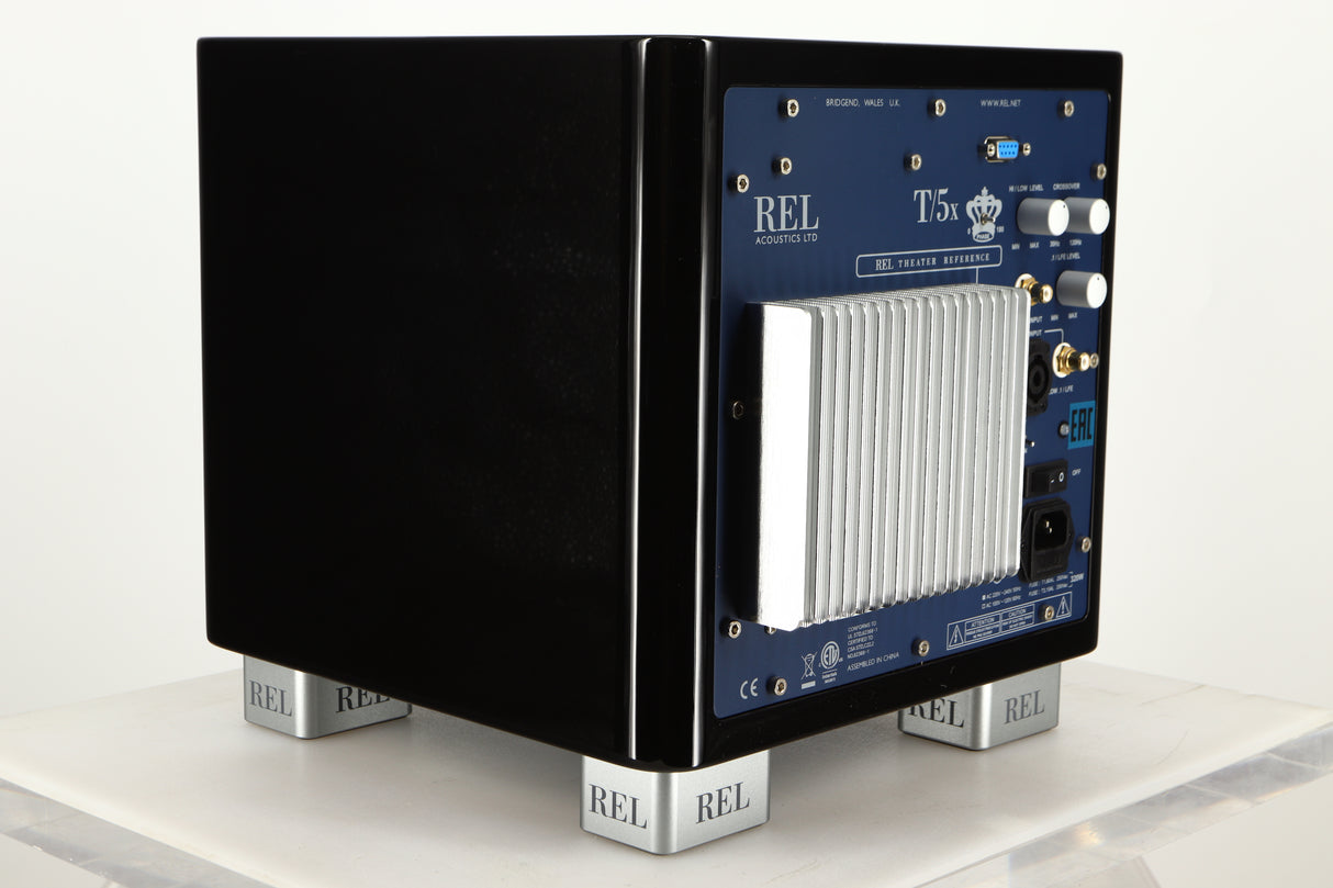 Rear Left Corner view of a used REL T5X Subwoofer in Piano Black finish