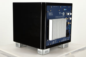 Rear Left Corner view of a used REL T5X Subwoofer in Piano Black finish