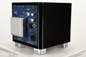 Rear right Corner view of a used REL T5X Subwoofer in Piano Black finish