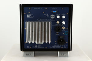 Rear view of a used REL T5X Subwoofer in Piano Black finish