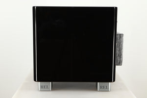Side view of a used REL T5X Subwoofer in Piano Black finish