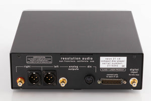 Rear view of a used Resolution Opus 21 CD Compact Disc Player in a Silver finish showing XLR Outputs, Digital Input, DIN Output and Analogue Outputs