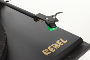 Close up of a used Revolver Rebel Turntable / AT95E Cartridge in a black finish showing the cartridge