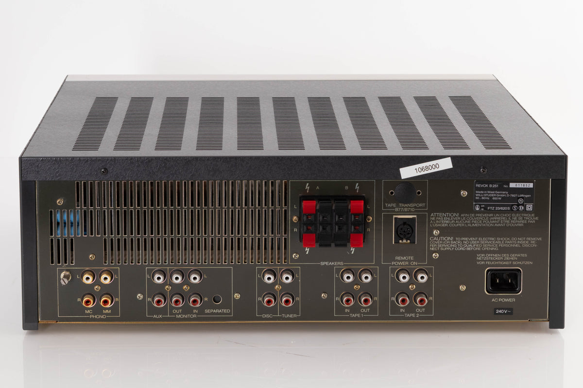 Rear view of a used Revox B251 Integrated Amplifier showing Mains Input, Phono Inputs and Phono Outputs