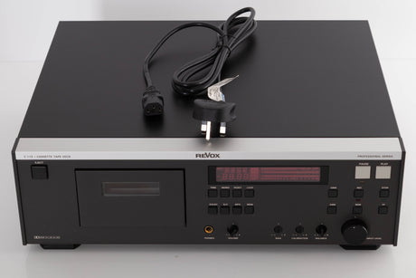 Top of a used Revox C115 Cassette Tape Deck in a Black finish showing Mains Cable