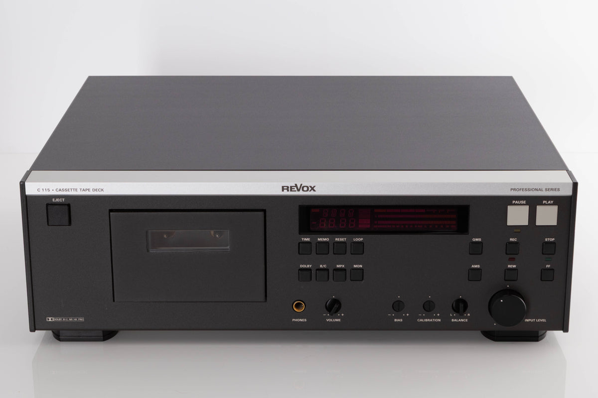 Front view of a used Revox C115 Cassette Tape Deck in a Black finish