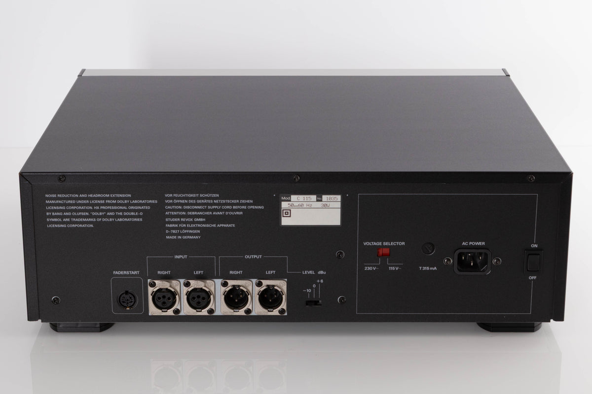 Rear view of a used Revox C115 Cassette Tape Deck in a Black finish showing XLR Inputs, XLR Outputs and Mains Input