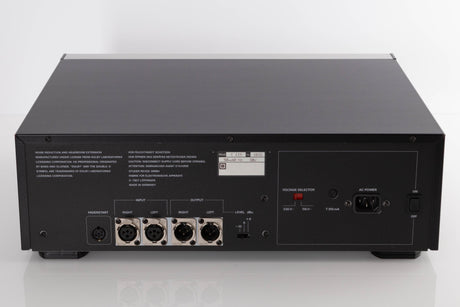 Rear view of a used Revox C115 Cassette Tape Deck in a Black finish showing XLR Inputs, XLR Outputs and Mains Input