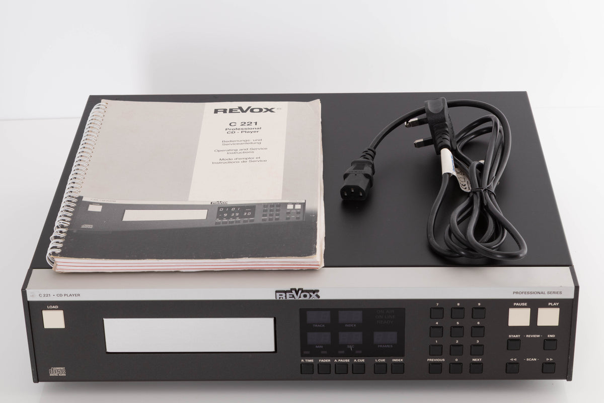 Top of a used Revox C221 CD Player in a Black finish showing Manual and Mains Cable