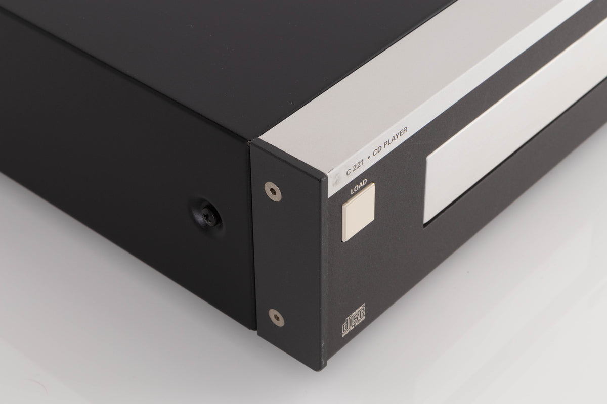 Front left corner of a used Revox C221 CD Player in a Black finish