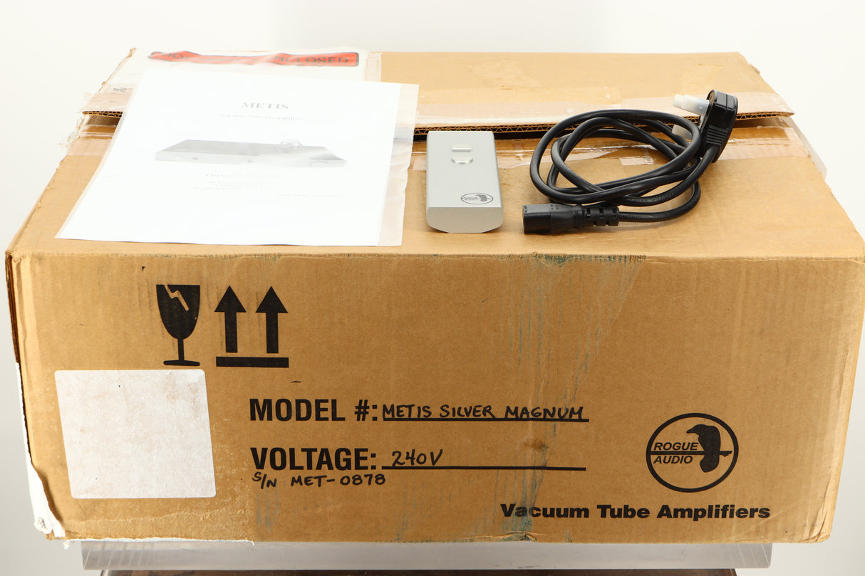 Box of a used Rogue Audio Metis Magnum Valve Pre Amplifier in Silver finish