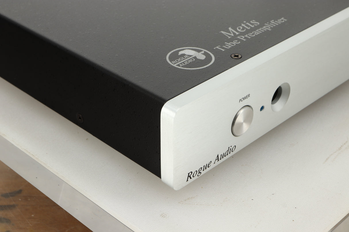 Front left corner view of a used Rogue Audio Metis Magnum Valve Pre Amplifier in Silver finish