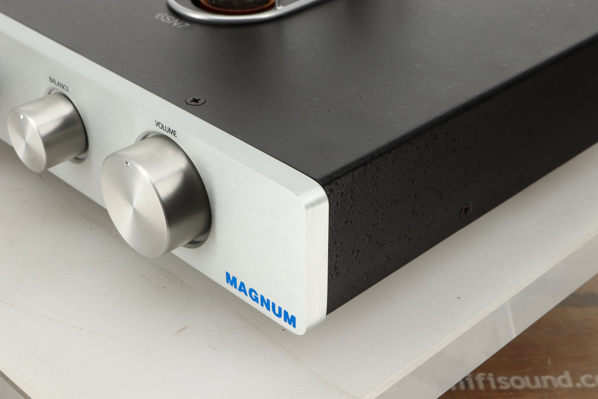 Front right corner view of a used Rogue Audio Metis Magnum Valve Pre Amplifier in Silver finish