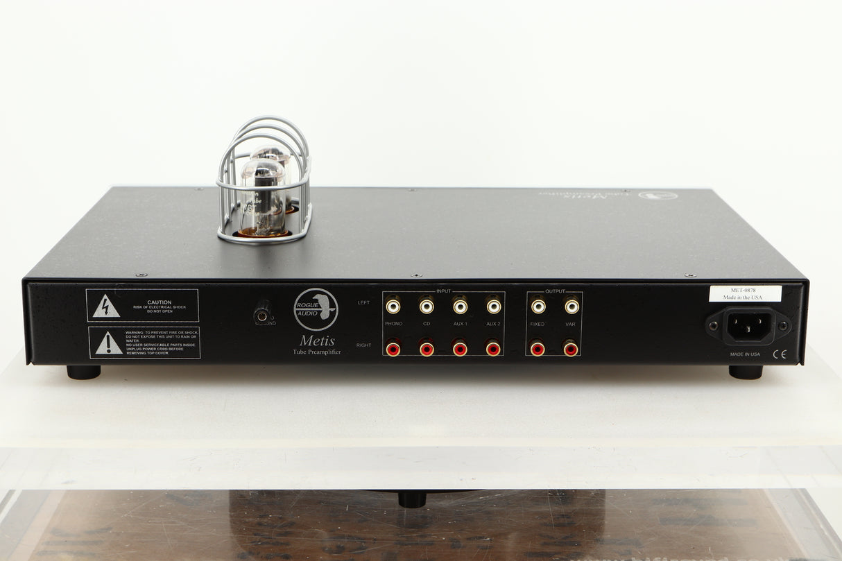 Rear view of a used Rogue Audio Metis Magnum Valve Pre Amplifier in Silver finish