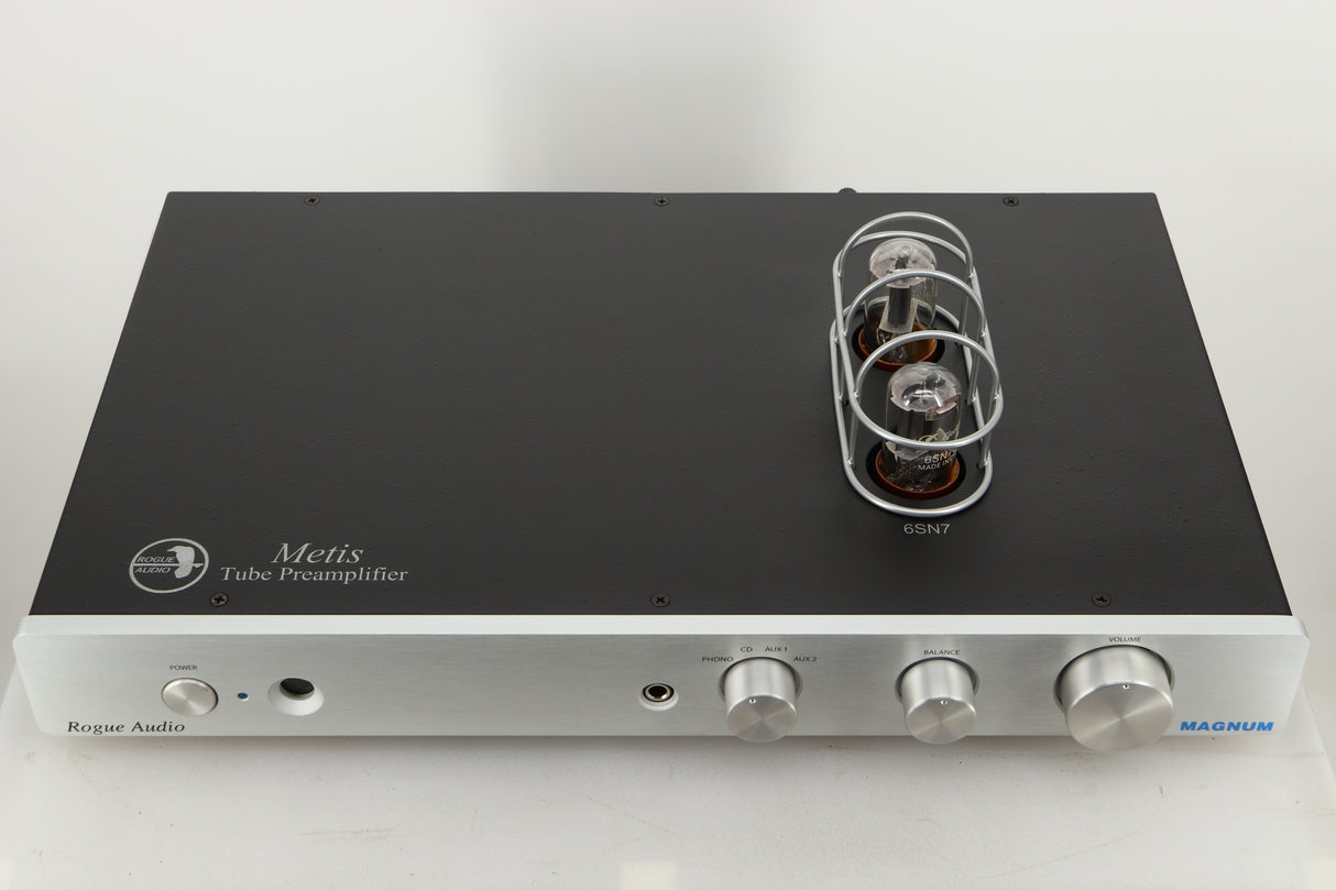 Top view of a used Rogue Audio Metis Magnum Valve Pre Amplifier in Silver finish
