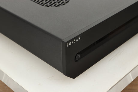 Front left corner view of a used Roksan Attessa Integrated Amplifier in Black finish 