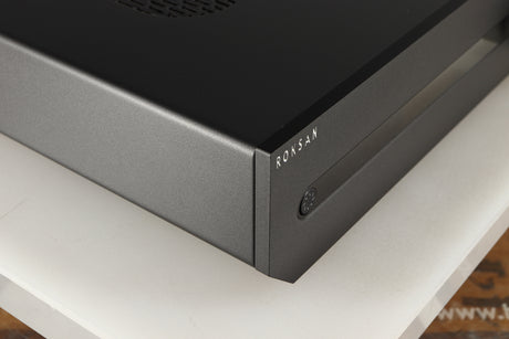 Front left corner of a used Roksan Attessa Integrated Amplifier in a black finish
