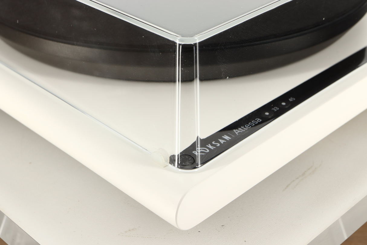 Front left corner view of a used Roksan Attessa Turntable in White finish 