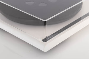 Front left corner view of a used Roksan Attessa Turntable in White