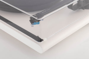 Front right corner view of a used Roksan Attessa Turntable in White