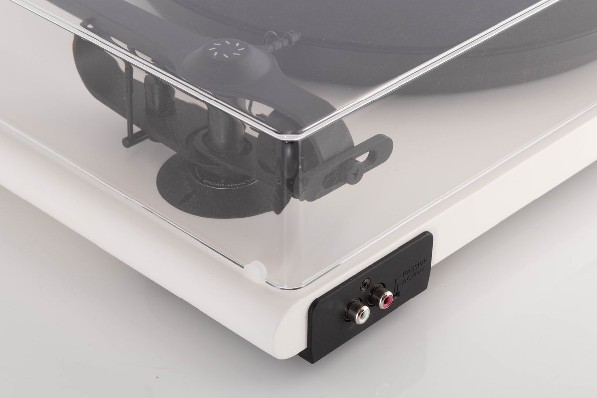 Rear left corner view of a used Roksan Attessa Turntable in White