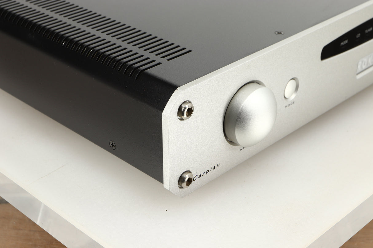 Front left corner view of a used Roksan Caspian M Series-1 Dual Mono Pre Amplifier in Silver finish