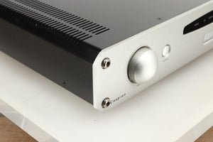 Front left corner view of a used Roksan Caspian M Series-1 Dual Mono Pre Amplifier in Silver finish