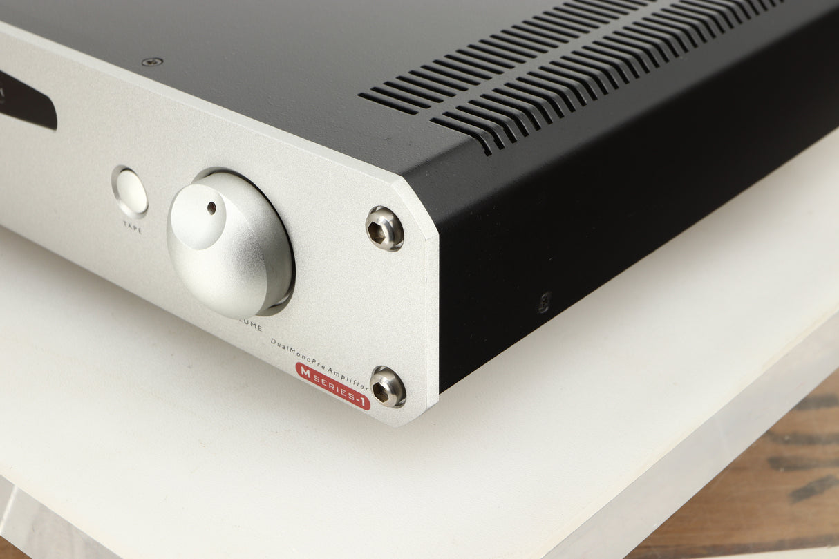 Front right corner view of a used Roksan Caspian M Series-1 Dual Mono Pre Amplifier in Silver finish