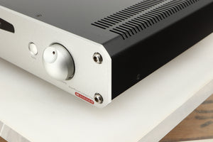 Front right corner view of a used Roksan Caspian M Series-1 Dual Mono Pre Amplifier in Silver finish