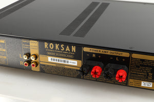 Close up of a used Roksan Caspian MSeries-1 Power Amplifier in a silver finish showing some of the rear