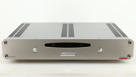 Front view of a used Roksan Caspian MSeries-1 Power Amplifier in a silver finish