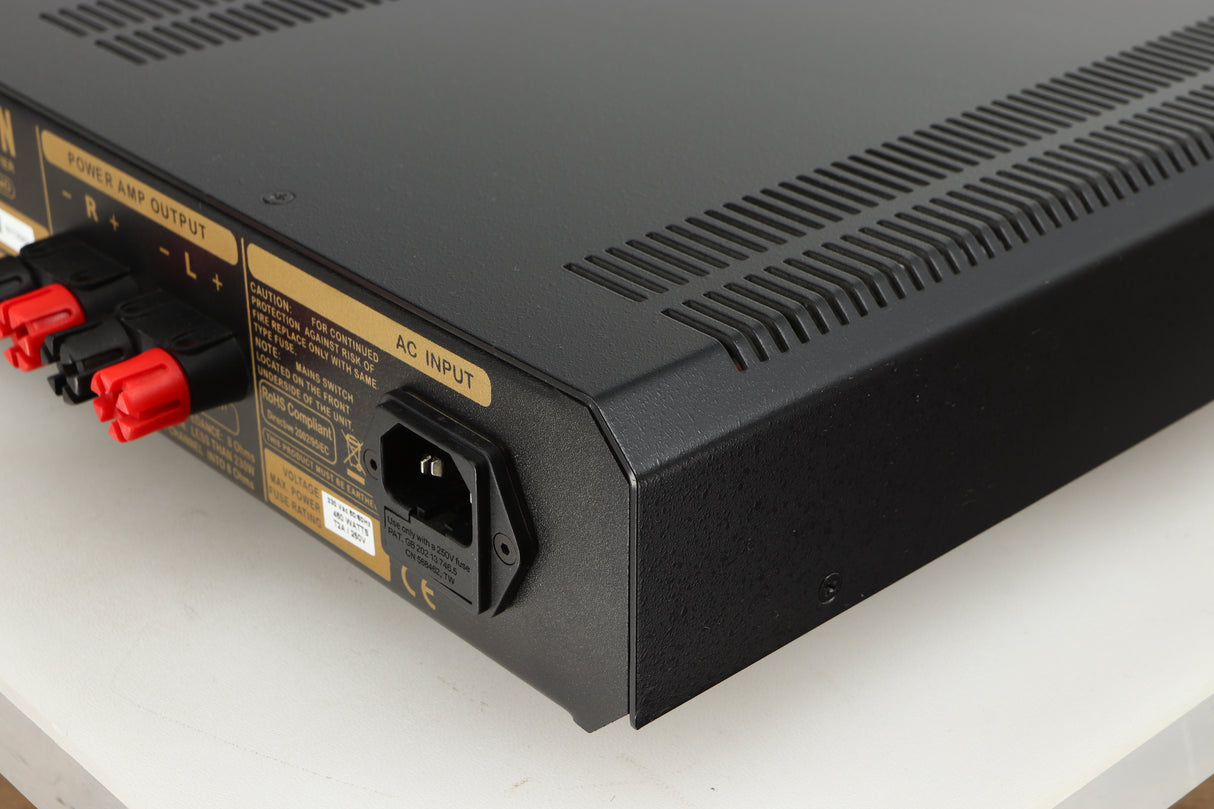 Rear left corner of a used Roksan Caspian MSeries-1 Power Amplifier in a silver finish