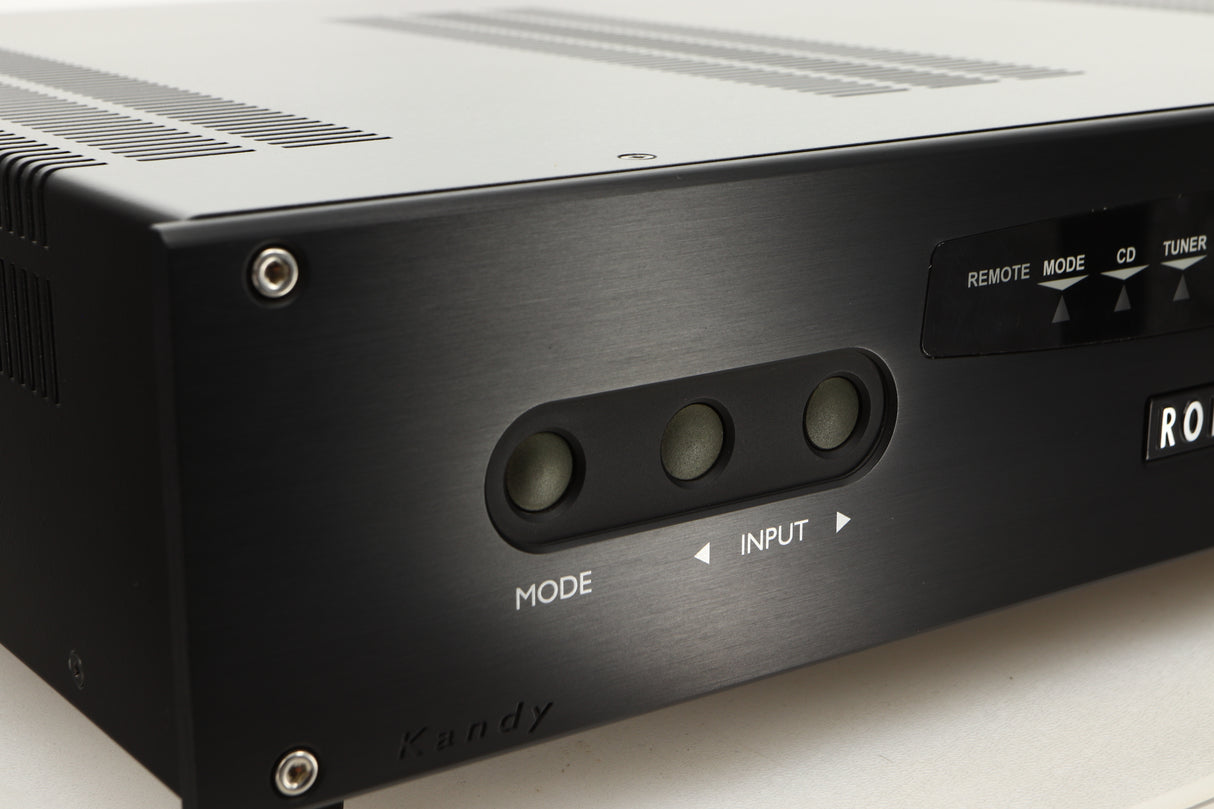 Close up view of a used Roksan Kandy KA-1 MkIII Integrated Amplifier in Black finish 