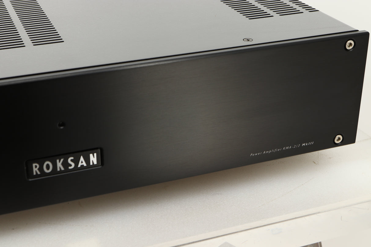 Close up view of a used Roksan Kandy KMA 2/3 MkIII Power Amplifier in Black finish
