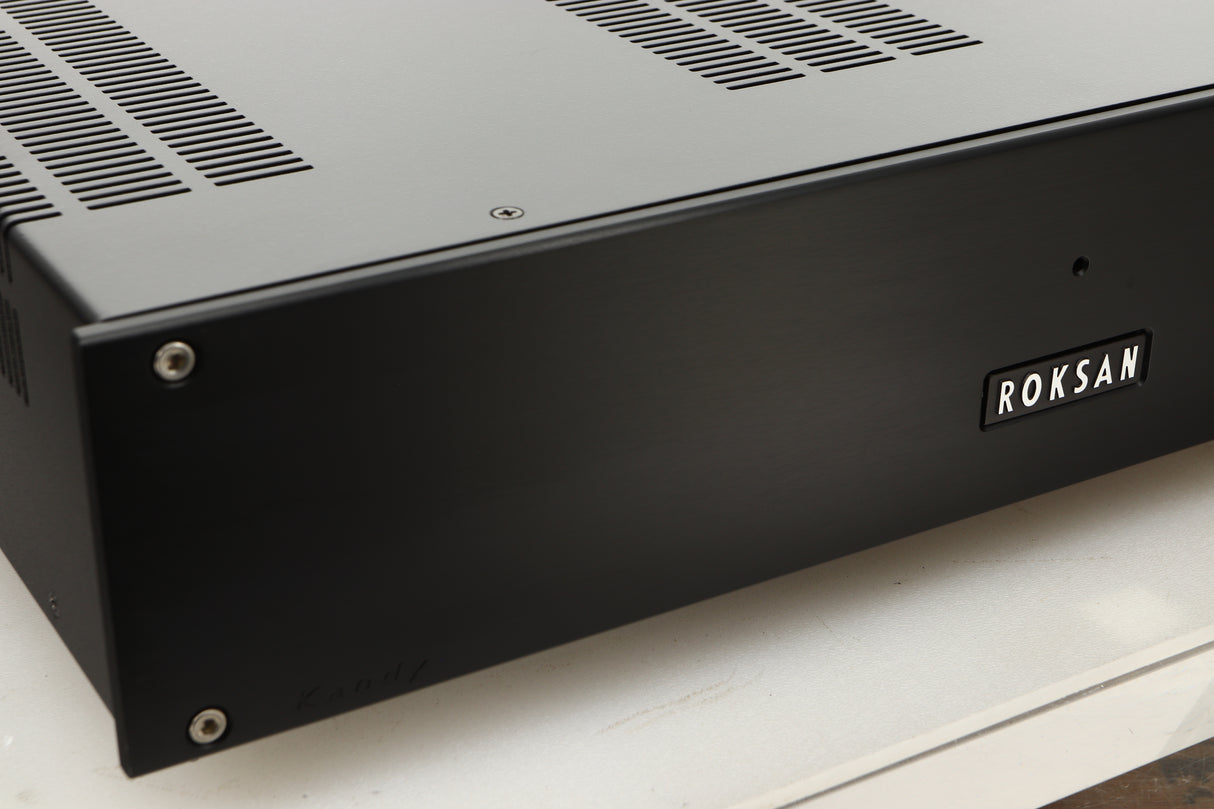 Close up view of a used Roksan Kandy KMA 2/3 MkIII Power Amplifier in Black finish