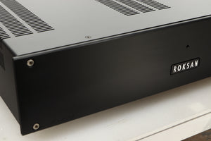 Close up view of a used Roksan Kandy KMA 2/3 MkIII Power Amplifier in Black finish