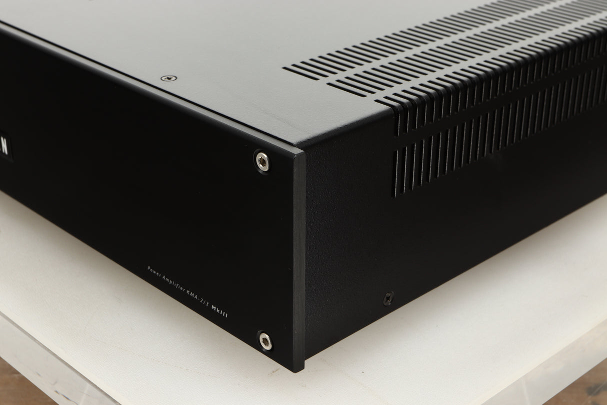 Front right corner view of a used Roksan Kandy KMA 2/3 MkIII Power Amplifier in Black finish